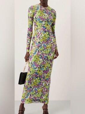 AFRM Didi Crewneck Dress, Long Sleeve Floral Midi Dress in Green and Purple